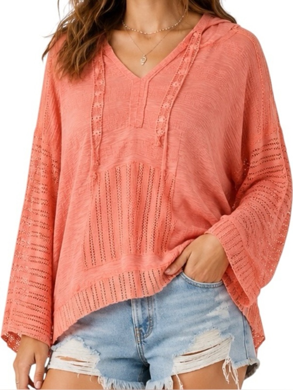 POL Coral Oversized Drop Shoulder V-Neck Beach Hoodie Size L Long Sleeve Casual